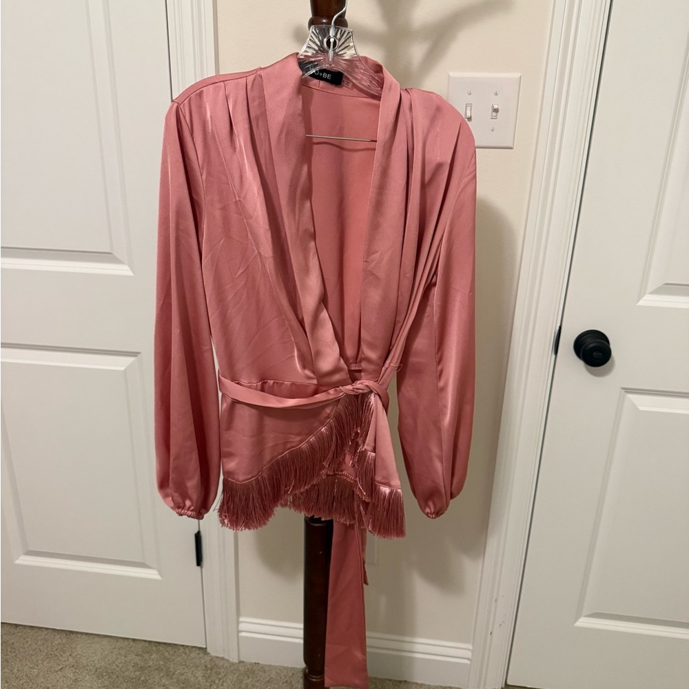 DO+BE Pink Satin Fringe wrap blouse